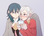  2girls bangs blanket blue_eyes blue_hair blush breasts buttons byleth_(fire_emblem) byleth_eisner_(female) clenched_hand collar commentary_request couple cup dress edelgard_von_hresvelg eyebrows_visible_through_hair fire_emblem fire_emblem:_three_houses grey_background hair_between_eyes holding holding_cup long_hair long_sleeves looking_at_another multiple_girls nose_blush parted_lips puffy_long_sleeves puffy_sleeves red_dress riromomo simple_background smile upper_body violet_eyes white_hair yuri 