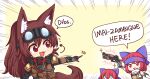  +_+ 2girls ^^^ alternate_costume animal_ear_fluff animal_ears apex_legends arm_up arrow_(symbol) bow brown_gloves brown_hair disembodied_head emphasis_lines english_commentary english_text gloves goggles goggles_on_head gun hair_between_eyes hair_bow headband headset imaizumi_kagerou long_hair looking_at_another multiple_girls pointing red_eyes redhead respirator sekibanki short_hair simple_background tactical_clothes tail touhou weapon wolf_ears wolf_tail wool_(miwol) yellow_background 