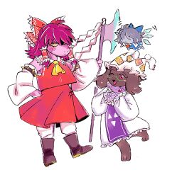  armlet ascot axe black_fur black_shoes blue_bow blue_dress blush bow cirno cirno_(cosplay) colored_sclera colored_skin commentary_request cosplay covered_hair debdeb555 deltarune detached_sleeves dress grey_hair grey_skin hair_bow hair_tubes hakurei_reimu hakurei_reimu_(cosplay) half-closed_eyes hat heart highres holding holding_axe jewelry kris_(dark_world)_(deltarune) kris_(deltarune) one_eye_closed pants pink_skin ralsei ralsei_(hat) red_bow red_dress red_eyes red_scarf scarf shoes simple_background size_difference spiked_armlet stole susie_(dark_world)_(deltarune) susie_(deltarune) touhou two-tone_bow two-tone_dress utdr_(toby_fox) white_background white_bow white_dress white_hat white_pants white_sleeves yakumo_ran yakumo_ran_(cosplay) yellow_ascot yellow_sclera 