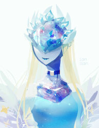  1girl bare_shoulders blonde_hair blue_leotard cendrillmon coat colored_skin covered_eyes digimon digimon_(creature) floral_print flower fur_coat helmet helmet_over_eyes lanlllan leotard long_hair rose simple_background white_background white_skin 