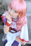  belts cape cosplay kichikuou_rance minato_misa photo pink_hair sill thigh-highs 
