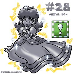  1girl brooch commentary crown dress earrings english_commentary english_text flower_brooch flower_earrings frilled_gloves frills gloves highres jewelry keidontlie medium_hair metal_box_(mario) metal_dress metal_gloves metal_hair metal_skin nakaue_shigehisa_(style) open_mouth pointed_crown princess princess_daisy puffy_sleeves short_sleeves simple_background solo super_mario_bros. white_background 