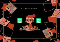  1girl @_@ aika_(animal_crossing) animal_crossing black_background book brown_hair child's_drawing closed_mouth creepypasta doll dress exit_sign hat highres holding holding_doll kneeling long_sleeves looking_at_viewer polka_dot polka_dot_dress red_hat red_shirt red_shoes shirt shoes short_hair solo stuffed_animal stuffed_toy sutaneko teddy_bear traffic_cone translation_request 
