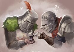  !? 1other 2boys anger_vein arm_up armor black_cape cape chosen_undead commentary cropped_torso dark_souls_(series) dark_souls_i english_commentary gloves heart helm helmet highres holding holding_weapon hollow_knight horns knight knight_(hollow_knight) long_sleeves male_focus meianmari motion_blur multiple_boys pauldrons plume red_scarf scarf shoulder_armor solaire_of_astora tabard weapon white_tabard 