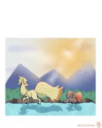  animal_focus blurry blurry_background commentary day english_commentary evolutionary_line full_body highres mountainous_horizon muchpaprika ninetales no_humans outdoors pokemon pokemon_(creature) pokemon_focus shadow signature sky sun twitter_username vulpix 