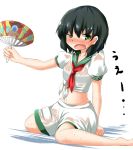  1girl barefoot black_hair blush fan green_eyes jeweled_pagoda looking_at_viewer midriff murasa_minamitsu navel neckerchief no_hat no_headwear open_mouth puffy_sleeves sailor_dress see-through short_sleeves sitting solo sweat touhou udongein uneven_eyes wariza wet wet_clothes wet_shirt wet_shorts 