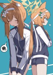  1girl absurdres animal_ear_fluff animal_ears ass blonde_hair blue_archive blue_eyes blue_jacket blue_shorts blush breasts cat_ears cat_girl commentary_request gym_uniform hairband halo highres jacket mari_(blue_archive) mari_(track)_(blue_archive) mibashi_(hash1_bam1) open_mouth partial_commentary short_shorts shorts small_breasts standing yellow_halo 