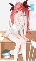  1girl absurdres book bow chair commentary_request cup date_a_live desk detached_sleeves dress frilled_dress frills hair_bow highres indoors itsuka_kotori long_hair looking_at_viewer neck_ribbon red_eyes red_hair ribbon sitting sleeveless sleeveless_dress solo thigh-highs twintails white_dress white_thighhighs 
