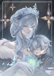  1boy 1girl absurdres ahoge anastasya_feodorovna_snezhnaya aqua_flower aristocratic_clothes blue_gem blue_tiara braid braided_base bright_pupils bun_with_braided_base character_request chest_jewel chest_markings colored_eyelashes cross-shaped_pupils crossed_bangs crystal_earrings detached_collar dress earrings flower fur_trim gem genshin_impact gloves glowing_flower gold_trim grey_hair grey_sleeves hair_between_eyes hair_bun half_up_braid hand_on_another's_arm highres jewelry long_sidelocks long_sleeves looking_at_another looking_at_object mother_and_child mother_and_son parent_and_child pointy_ears ring ringlets short_hair short_hair_with_long_locks sidelocks strapless strapless_dress symbol-shaped_pupils vanta_(vantax_art) white_dress white_eyelashes white_eyes white_gem white_gloves white_pupils yellow_gem 