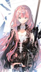  1girl absurdres arknights black_boots black_dress black_jacket boots breeeee- chinese_commentary commentary_request cowboy_shot detached_wings dress earrings gun halo happy_birthday heart highres holding holding_gun holding_weapon jacket jewelry lace-up_boots lemuen_(arknights) long_hair long_sleeves looking_at_viewer pink_eyes pink_hair rifle simple_background smile sniper_rifle solo standing thigh_boots weapon white_background wings 