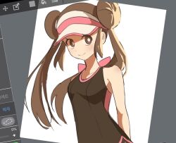  1girl art_program_in_frame bright_pupils brown_eyes brown_hair closed_mouth commentary_request ddakji_0025 double_bun hair_bun korean_commentary long_hair looking_at_viewer pokemon pokemon_black_2_and_white_2 rosa_(pokemon) shirt sidelocks sleeveless sleeveless_shirt smile solo twintails upper_body visor_cap white_pupils 