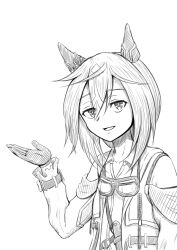  1girl animal_ears banzaibanzaibanzai coat commentary_request ear_covers gloves goggles goggles_around_neck greyscale hair_between_eyes hand_up head_tilt horse_ears horse_girl knife_sheath long_hair monochrome multicolored_hair open_collar open_mouth sheath shirt simple_background sketch smile solo stay_gold_(sunlit_outsider)_(umamusume) stay_gold_(umamusume) streaked_hair umamusume white_background wrist_belt 