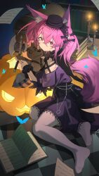  1girl absurdres animal_ear_fluff animal_ears arknights axe black_hat book book_stack bookshelf candle closed_mouth dress expressionless fox_ears fox_girl fox_tail full_body hair_between_eyes hair_ornament halloween_costume hat highres indoors jack-o'-lantern lingyu_ovo long_hair looking_at_viewer mini_hat morte_(arknights) no_shoes official_alternate_costume on_floor open_book pantyhose paper purple_dress purple_hair shamare_(arknights) shamare_(echo_of_the_horrorlair)_(arknights) skull_hair_ornament solo stuffed_wolf tail twintails violet_eyes 