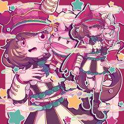  1girl animal_ears black_boots black_socks blush boots bow breasts brown_hair cape closed_mouth commentary_request ear_covers ears_through_headwear green_bow hair_between_eyes hand_puppet hat highres horse_ears horse_girl jacket kneehighs long_sleeves looking_at_viewer marche_lorraine_(racing)_(umamusume) marche_lorraine_(umamusume) mismatched_ear_covers open_mouth puppet red_cape short_hair socks star_(symbol) sweatdrop syu_x thick_thighs thighs umamusume violet_eyes white_jacket 