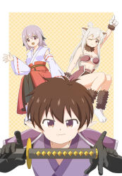  1boy 2girls :d ;) absurdres ahoge animal_ear_fluff animal_ears animal_hands bare_arms bare_legs bare_shoulders black_gloves breasts brown_eyes brown_hair commentary_request detached_sleeves dog_ears elbow_gloves genderswap genderswap_(mtf) gloves grey_hair hair_between_eyes highres japanese_clothes katana long_hair long_sleeves medium_breasts midriff miko multiple_girls navel one_eye_closed onii-chan_wa_oshimai! oyama_mahiro paw_gloves pointing pointing_up pointy_ears red_eyes ribbon-trimmed_sleeves ribbon_trim sakurada_yuuta senkawa_minato short_hair shoukan_manganin simple_background smile sword weapon white_hair yellow_background 