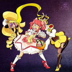 2girls arm_up artist_logo ballet_slippers beret black_boots black_gloves blonde_hair boots bow brown_corset brown_hat brown_thighhighs brown_trim bubble_skirt candy catching commentary commission constricted_pupils corset cosplay detached_sleeves disembodied_head dress dropping english_commentary eyepatch fingerless_gloves food frilled_dress frills full_body gloves hair_bow hair_ornament halloween_bucket harime_nui hat holding holding_halloween_bucket jakuzure_nonon kaname_madoka kaname_madoka_(cosplay) kill_la_kill kneehighs leaning_forward leg_up life_fiber logo magical_girl mandarin_collar multiple_girls my_pet_tentacle_monster open_mouth pink_bow pink_dress pink_eyes pink_hair pink_shoes pink_trim pinstripe_thighhighs puffy_short_sleeves puffy_sleeves purple_background sanpaku scared screaming sharp_teeth shirt shoes short_hair short_sleeves short_twintails skirt socks soul_gem standing standing_on_one_leg teeth thigh-highs tomoe_mami tomoe_mami_(cosplay) tomoe_mami_(magical_girl) twintails upper_teeth_only white_gloves white_shirt white_sleeves white_socks yellow_trim 