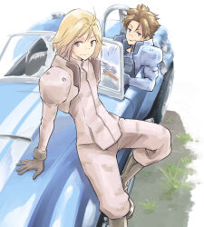  2boys blonde_hair blue_eyes boots brown_hair car closed_mouth commentary_request gloves grey_boots grey_gloves grin hair_between_eyes havia_winchell heavy_object looking_at_viewer military military_uniform motor_vehicle multiple_boys official_art qwenthur_barbotage revision saitou_sakae shelby_cobra sitting smile smirk teeth white_background 