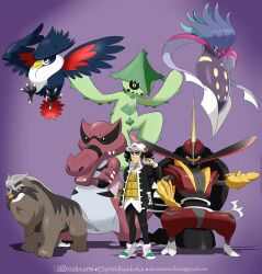  1boy absurdres baseball_cap black_hair black_jacket black_pants black_sclera cacturne claws closed_mouth colored_sclera commentary computer crossed_arms dark_type_theme_(pokemon) email_address english_commentary facebook_logo facebook_username fangs full_body giacomo_(pokemon) grin hat highres holding holding_laptop holding_poke_ball honchkrow instagram_logo instagram_username jacket kingambit krookodile laptop long_sleeves mabosstiff malamar midair nostrils open_clothes open_jacket open_mouth pants poke_ball pokemon pokemon_(creature) pokemon_scarlet_and_violet pokemon_team purple_background red_eyes shadow sharp_teeth shirt shoes short_hair simple_background sitting smile standing team_star teeth thick_eyebrows timer_ball twitter_logo twitter_username v-shaped_eyes vest white_hat white_shirt white_shoes wolfspiderlex yellow_eyes yellow_vest 
