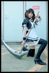  airi apron cosplay maid maid_uniform queen&#039;s_blade ribbons scythe thigh-highs twintails 