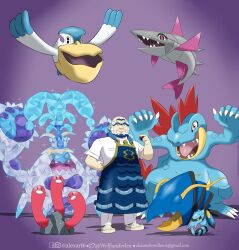  1boy absurdres apron bald beard black_eyes blue_apron blue_hair clawitzer claws clenched_hand commentary crabominable email_address english_commentary facebook_logo facebook_username facial_hair fangs feraligatr flying full_body highres holding holding_tera_orb instagram_logo instagram_username kofu_(pokemon) male_focus midair multicolored_hair old old_man open_mouth pants pelipper pink_pupils pokemon pokemon_(creature) pokemon_scarlet_and_violet pokemon_team purple_background rock shadow sharp_teeth shirt shoes short_sleeves simple_background sparkle standing teeth tera_orb terastallization tongue twitter_logo twitter_username two-tone_hair unibrow veluza white_hair white_pants white_shirt white_shoes wolfspiderlex wugtrio 