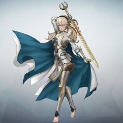  1girl 3d aqua_cape aqua_ribbon arm_above_head arm_guards armor armored_legwear artist_request barefoot black_hairband blonde_hair cape cape_hold closed_mouth commentary_request female_corrin_(fire_emblem) female_corrin_(hoshido_noble)_(fire_emblem) fire_emblem fire_emblem_fates fire_emblem_warriors full_body game_model gauntlets gold_armor gold_trim grey_background hairband hand_up holding holding_behind_back holding_sword holding_sword_behind_back holding_weapon holding_weapon_behind_back layered_cape long_hair looking_at_viewer official_alternate_costume official_art pointy_ears red_eyes ribbon second-party_source shoulder_armor smile solo standing sword weapon white_armor white_cape yato_(fire_emblem) 