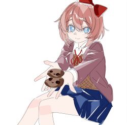  1girl blue_eyes blue_skirt bow bright_pupils brown_hair brown_jacket brown_sweater_vest closed_mouth collared_shirt commentary cookie doki_doki_literature_club doki_doki_literature_club_school_uniform english_commentary feet_out_of_frame food hair_between_eyes hair_bow highres invisible_chair jacket long_sleeves looking_at_viewer miniskirt neck_ribbon offering_food open_hands outstretched_arms rachel_campbell red_bow red_ribbon ribbon sayori_(doki_doki_literature_club) school_uniform shirt short_hair simple_background sitting skirt smile solo split_mouth sweater_vest white_background white_pupils 