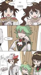  2girls 3boys :d ascot black_eyes bright_pupils brown_hair clenched_hand closed_eyes collarbone commentary_request crown ddakji_0025 gloves grey_eyes hand_up hat highres hilbert_(champion)_(pokemon) hilbert_(pokemon) hilda_(champion)_(pokemon) hilda_(pokemon) korean_commentary korean_text long_hair mini_crown multiple_boys multiple_girls n_(anniversary_2021)_(pokemon) n_(pokemon) nate_(champion)_(pokemon) nate_(pokemon) official_alternate_costume open_mouth pokemon pokemon_masters_ex rosa_(champion)_(pokemon) rosa_(pokemon) short_hair smile speech_bubble sweatdrop teeth translation_request upper_teeth_only white_gloves white_pupils 