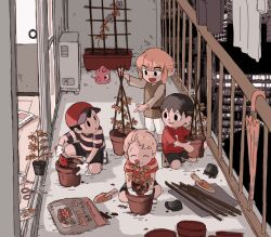  4boys animal_crossing baseball_cap black_eyes black_shorts blonde_hair brown_hair closed_umbrella flower gloves hat highres holding holding_shovel link looking_at_another lucas_(mother_3) male_focus morning_glory mother_(series) mother_2 mother_3 multiple_boys ness_(mother_2) open_mouth photo_background plant pointing potted_plant railing red_hat red_shirt shirt short_hair shorts shovel sidelocks squatting striped_clothes striped_shirt sutaneko the_legend_of_zelda the_legend_of_zelda:_the_wind_waker toon_link umbrella villager_(animal_crossing) watering_can white_shorts 
