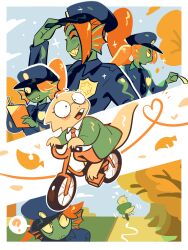  2girls ? absurdres alphys bicycle blue_hat border chief_undyne closed_eyes colored_skin deltarune fins furry furry_female glasses gogeyama green_jacket grin hand_on_headwear hat head_fins highres jacket lizard_tail multiple_girls multiple_views on_bicycle open_mouth orange_hair outdoors police police_hat police_uniform reptile_girl riding riding_bicycle round_eyewear sharp_teeth smile spoken_question_mark tail teeth undyne utdr_(toby_fox) white_border yellow_skin 
