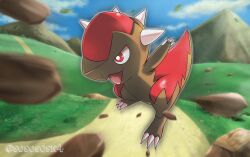  alternate_color animal_focus blue_sky blurry blurry_background bright_pupils claws clouds commentary cranidos day debris english_commentary full_body grass leaf motion_blur mountainous_horizon no_humans open_mouth outdoors path pokemon pokemon_(creature) red_eyes shiny_pokemon sky smile solo sosososn4 spikes twitter_username white_pupils 