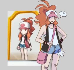  1girl 2024_pokemon_teraleak ? alternate_eye_color antenna_hair bag baseball_cap brown_hair denim denim_shorts english_commentary grey_background hand_on_own_hip hat highres hilda_(pokemon) holding holding_poke_ball luzzychuus messenger_bag open_mouth poke_ball poke_ball_(basic) pokemon pokemon_black_and_white pokemon_x_and_y_(prototype) ponytail red_eyes screenshot_inset shirt shorts shoulder_bag simple_background sleeveless sleeveless_shirt 