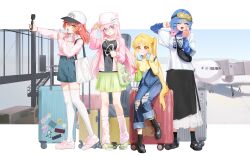  4girls ahoge aircraft airplane bag baseball_cap beanie black_boots black_shirt black_skirt black_socks blonde_hair blue_eyes blue_shirt blue_shorts blush bocchi_the_rock! boots breasts camera commentary crocs eltir gotoh_hitori gotoh_hitori_(tsuchinoko) green_bag green_eyes green_shoes green_skirt guitar_case hair_between_eyes hair_ornament hairclip hat headphones headphones_around_neck highres hood hood_down hoodie ijichi_nijika instrument_case jacket jewelry kessoku_band kita_ikuyo leg_warmers long_hair long_sleeves medium_breasts mole mole_under_eye multiple_girls necklace one_eye_closed one_side_up open_clothes open_jacket open_mouth orange_eyes pink_hair pink_hoodie pink_jacket pink_leg_warmers pink_shoes red_hair rolling_suitcase shirt shoes shorts shoulder_bag side_ponytail simple_background skirt sleep_mask socks suitcase thigh-highs untranslatable_commentary white_background white_bag white_hat white_shirt white_thighhighs yamada_ryo yawning yellow_shirt zettai_ryouiki 