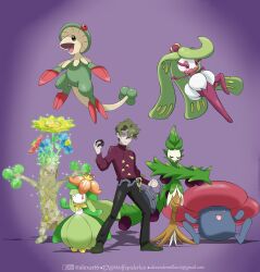 1boy absurdres arboliva belt black_pants brassius_(pokemon) breloom closed_eyes closed_mouth commentary email_address english_commentary facebook_logo facebook_username full_body grass_type_theme_(pokemon) green_hair green_shoes grey_eyes highres holding holding_tera_orb holding_whip instagram_logo instagram_username legs_apart lilligant long_sleeves male_focus midair one_eye_closed open_mouth pants pink_eyes pokemon pokemon_(creature) pokemon_scarlet_and_violet pokemon_team purple_background purple_shirt shadow shirt shoes short_hair simple_background sitting smile sparkle standing sudowoodo tera_orb terastallization tsareena twitter_logo twitter_username vileplume whip wolfspiderlex 