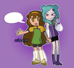  2girls aqua_hair artist_name beta_(inazuma_eleven) black_shorts black_skirt blank_speech_bubble blush boots braid brown_eyes brown_hair closed_mouth commentary daarcee detached_sleeves double_bun green_shirt hair_bun hair_ornament hair_over_shoulder hairband hairclip highres holding_hands inazuma_eleven_(series) inazuma_eleven_go inazuma_eleven_go_chrono_stone long_hair looking_at_another multiple_girls nanobana_kinako no_pupils open_mouth outline pleated_skirt purple_background purple_boots purple_shirt see-through_clothes see-through_sleeves shirt shoes short_sleeves shorts skirt smile speech_bubble two-tone_shirt violet_eyes white_outline yellow_hairband yellow_shirt yellow_shoes yuri 