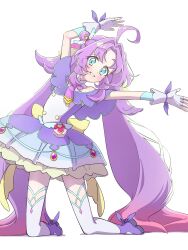  1girl :d absurdres ahoge akechi_anna aqua_eyes aqua_trim arm_up back_bow bare_shoulders blush boots bow bowtie brooch buttons capelet commentary cure_answer curtained_hair double-breasted double_bun dress fingerless_gloves full_body glove_bow gloves gradient_hair grin hair_bun hair_flaps hair_intakes hair_ornament heart heart_brooch heart_in_eye high_heel_boots high_heels highres impossible_hair jewelry kneeling layered_dress legs_apart long_hair looking_at_viewer magical_girl medium_dress meitantei_precure! multicolored_hair off-shoulder_dress off_shoulder open_hands outstretched_arm pact_holder parted_bangs pink_hair platform_boots pleated_dress pouch precure purple_boots purple_bow purple_bowtie purple_capelet purple_dress purple_hair raised_eyebrows sidelocks simple_background smile solo spread_fingers symbol_in_eye thick_eyebrows thigh-highs two-tone_hair user_sgdf3422 very_long_hair white_background white_gloves white_thighhighs wing_hair_ornament yellow_bow zettai_ryouiki 