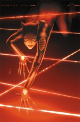  1girl all_fours batman_(series) black_bodysuit bodysuit catwoman dc_comics highres laser laser_hallway looking_at_viewer red_lips scott_forbes selina_kyle solo 