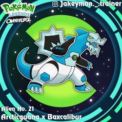  arctiguana baxcalibur ben_10 claws copyright_logo copyright_name east-west_crossover full_body fusion highres instagram_logo instagram_username jakeymon._.trainer logo no_humans open_mouth outline poke_ball_symbol pokemon pokemon_(creature) pokemon_focus solo v-shaped_eyes white_outline 