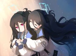  2girls absurdly_long_hair absurdres alternate_costume alternate_hair_color alternate_halo aqua_halo aris_(blue_archive) black_hairband blue_archive blue_background blue_necktie bonefire0909 closed_eyes commentary_request cropped_legs hair_between_eyes hairband halo highres hug hug_from_behind jacket kei_(aris)_(blue_archive) kei_(blue_archive) korean_commentary long_hair long_hair_between_eyes multiple_girls necktie one_side_up open_clothes open_jacket pink_eyes rectangular_halo ringed_eyes siblings sisters sleeves_past_wrists two-tone_background very_long_hair white_jacket yellow_background 