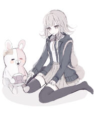  1girl absurdres animal_bag bag blush breasts brown_hair cat_bag collared_shirt commentary_request danganronpa_(series) danganronpa_2:_goodbye_despair diaper flipped_hair hair_ornament handheld_game_console highres holding holding_handheld_game_console hood jacket long_sleeves medium_hair miniskirt monomi_(danganronpa) nanami_chiaki neck_ribbon open_clothes open_jacket pink_bag pink_eyes pink_ribbon pleated_skirt ribbon shirt simple_background skirt smile thigh-highs u_(n2plvhlzvy33889) white_background white_shirt 