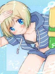  1girl alternate_costume barefoot bikini black_bikini blonde_hair blue_eyes collarbone erica_hartmann jacket looking_at_viewer loud_stereo short_hair shorts smile solo strike_witches swimsuit water_gun world_witches_series 
