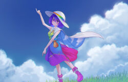  1girl absurdres blue_sky boots bow breasts cape clouds commentary_request day dress fold-over_boots footwear_bow grass hat highres long_sleeves multicolored_dress outdoors patchwork_clothes pink_boots pointing pointing_down pointing_up pouch purple_hair rainbow_gradient sky sky_print sleeveless sleeveless_dress small_breasts solo sun_hat tenkyuu_chimata toorooo touhou two-sided_cape two-sided_fabric violet_eyes white_bow white_cape white_hat 