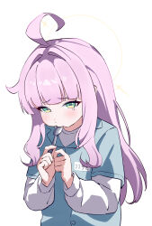  1girl absurdres ahoge blue_archive blush commentary green_eyes hair_intakes halo highres holding holding_spork horizontal_pupils kaya_(blue_archive) kaya_(prison)_(blue_archive) long_hair long_sleeves pink_hair prison_clothes prisoner puffy_cheeks shanqianqian_377 shirt simple_background solo spork tearing_up upper_body utensil_in_mouth white_background white_shirt yellow_halo 