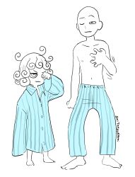  1boy 1girl aqua_pajamas aqua_pants aqua_shirt bald chip-tooth closed_mouth commentary curly_hair deformed english_commentary full_body hand_up highres medium_hair messy_hair navel one-punch_man one_eye_closed oversized_clothes oversized_shirt pajamas pants rubbing_eyes saitama_(one-punch_man) scratches shirt side-by-side simple_background sketch standing stomach striped_clothes striped_pants striped_shirt tatsumaki topless_male v-shaped_eyebrows vertical-striped_clothes vertical-striped_pants vertical-striped_shirt wavy_mouth white_background wide_sleeves 
