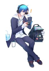 ! 1boy absurdres adjusting_headphones backpack badge bag bag_charm black_coat black_pants black_shoes blue_eyes blue_hair blue_nails button_badge candy charm_(object) closed_mouth coat commentary cup disposable_cup eyewear_in_pocket food food_in_mouth full_body glasses hachune_miku hair_between_eyes hair_ornament handheld_game_console hatsune_miku highres holding holding_handheld_game_console hood hoodie kaito kaito_(vocaloid) layered_sleeves lollipop lollipop_in_mouth long_sleeves looking_at_viewer male_focus nintendo_switch notebook o0114 open_bag open_clothes open_coat pants peanut_butter_jelly_time project_diva_(series) school_uniform school_uniform_parka_(module) shoes sitting sneakers solo untranslatable_commentary unworn_bag unworn_eyewear vocaloid wallet_chain white_hoodie x_hair_ornament