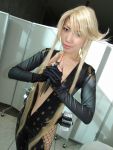  aya_(model) blonde_hair cleavage cosplay kasuga knife kunoichi photo sengoku_basara skin_tight 