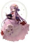  1girl book bow crescent frills hair_bow hat kishiro_(michiko) lavender_eyes lavender_hair long_hair looking_at_viewer patchouli_knowledge shoes socks solo star striped touhou very_long_hair 