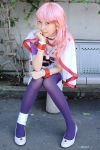  belts cape collar cosplay kichikuou_rance long_hair minato_misa photo pink_hair sill sill_plain thigh-highs 