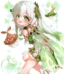  1girl :d absurdres anklet aranara_(genshin_impact) armlet arms_behind_back bare_legs bare_shoulders bloomers bracelet cape character_name colored_tips commentary cross-shaped_pupils curled_fingers double-parted_bangs dress english_text feet_out_of_frame from_behind genshin_impact gold_anklet gold_armlet gold_bracelet gold_trim gradient_hair green_cape green_eyes green_hair hair_between_eyes hair_intakes hair_ornament highres jewelry kozma_nate01 leaf_hair_ornament leg_up long_hair looking_at_viewer looking_back multicolored_hair nahida_(genshin_impact) open_mouth pointy_ears side_ponytail sleeveless sleeveless_dress smile stirrup_footwear streaked_hair symbol-shaped_pupils two-tone_hair white_background white_bloomers white_dress white_hair 
