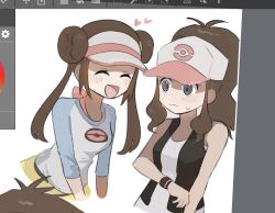  2girls :d antenna_hair art_program_in_frame black_vest blush brown_hair closed_eyes closed_mouth commentary ddakji_0025 double_bun grey_eyes hair_bun hat heart hilda_(pokemon) long_hair multiple_girls open_clothes open_mouth open_vest pokemon pokemon_black_2_and_white_2 pokemon_black_and_white raglan_sleeves rosa_(pokemon) shirt sidelocks sleeveless sleeveless_shirt smile sweatdrop twintails untranslatable_commentary vest visor_cap white_hat white_shirt wristband 
