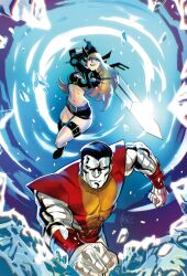 1boy 1girl armor black_boots black_hair black_jacket black_shorts blonde_hair boots brother_and_sister clenched_hand colossus_(x-men) commentary cropped_jacket english_commentary highres holding holding_sword holding_weapon jacket long_hair looking_at_viewer magik_(x-men) marvel metal_skin mirka_andolfo pauldrons short_hair short_shorts shorts shoulder_armor siblings spiked_pauldrons spikes sword weapon x-men 